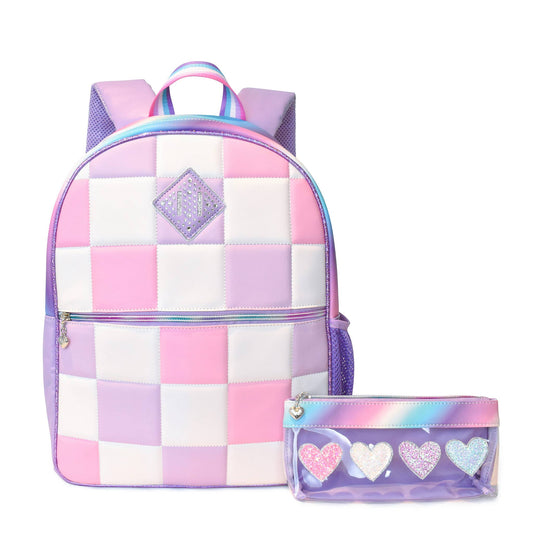 Checkerboard Large Backpack with Hearts Clear Pencil Pouch