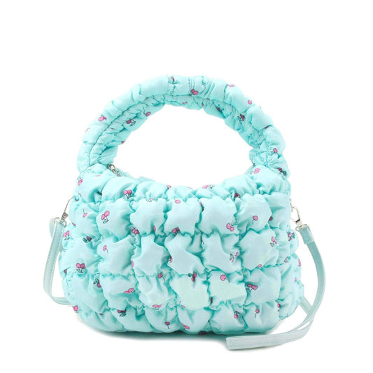 Quilted Scrunchies Cherry Printed Mini Hobo Crossbody Bag | Aqua Cherry Print Scrunch