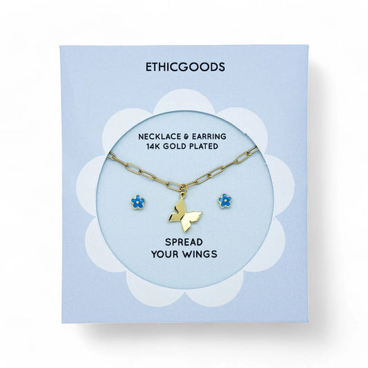 Ethic Goods Kids Necklace Earring Set: Butterfly & Blue Flowers