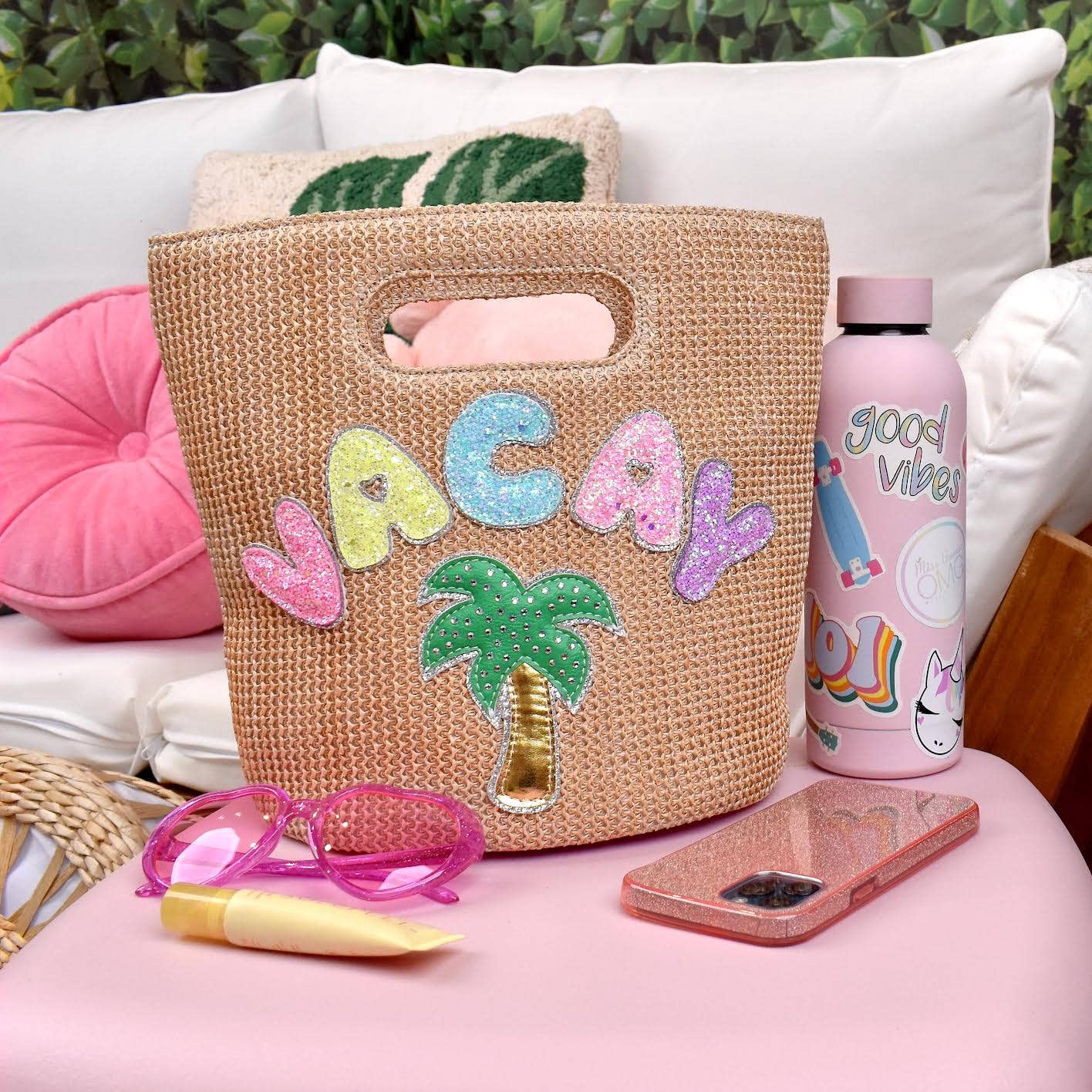 'Vacay' Patched Straw Top-Handle Mini Tote Bag