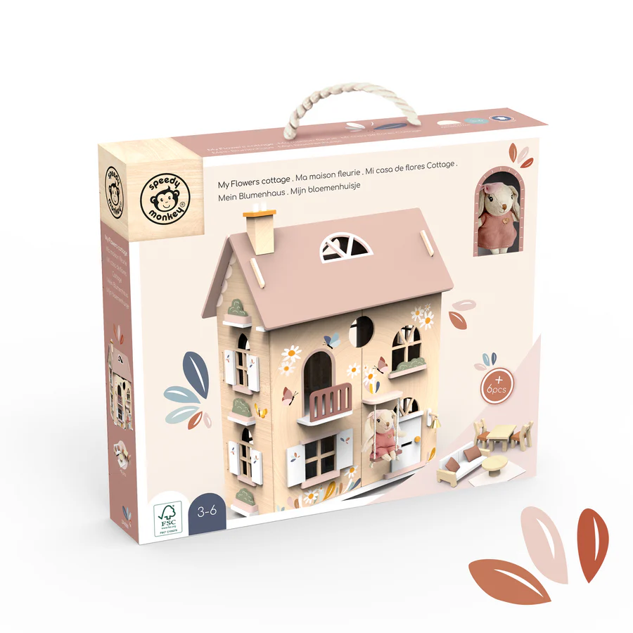 Wooden Flowers Cottage Doll House | Starter Set with Bunny + Living Furniture Set