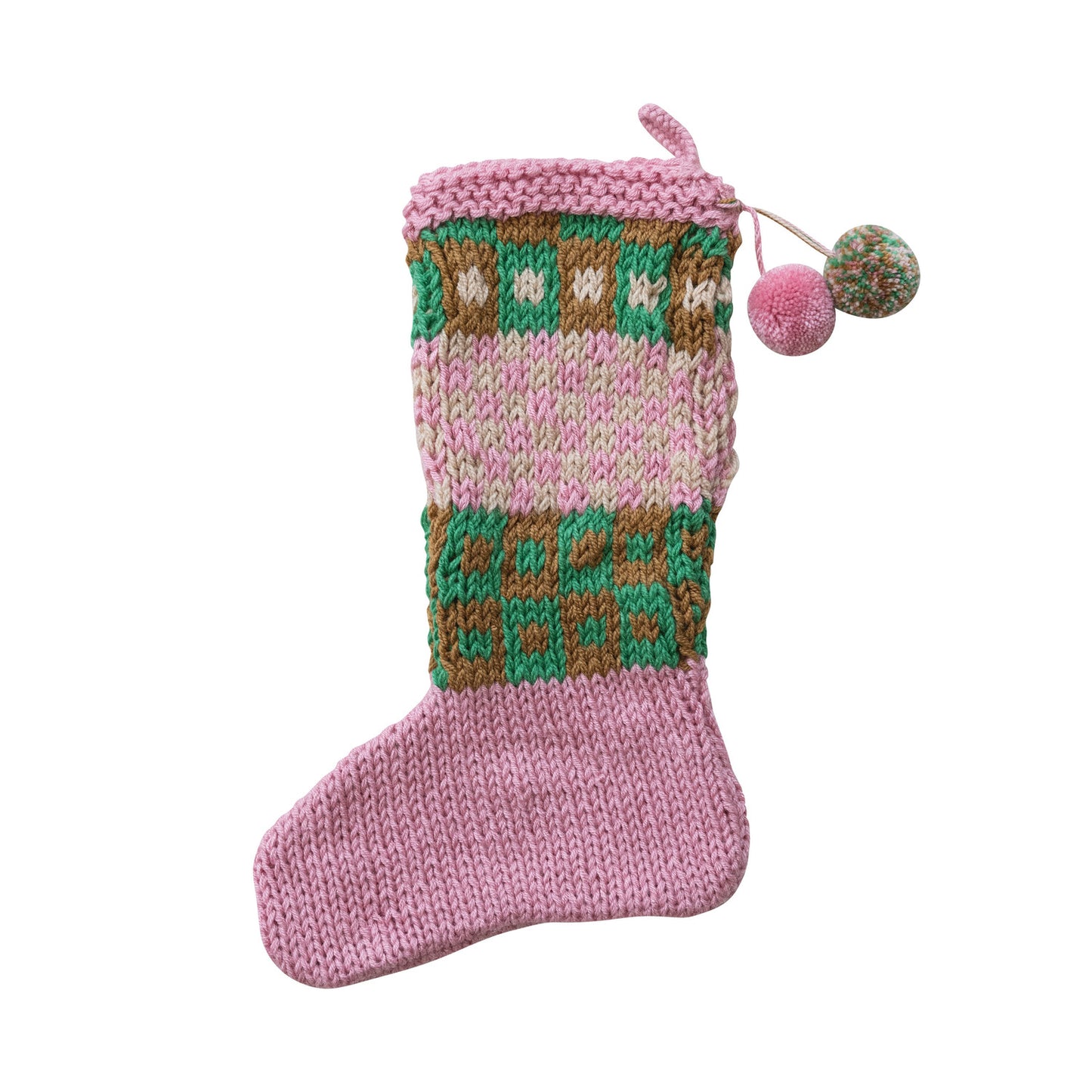 Acrylic Crocheted Stocking with Pattern Pom Poms | Multi-Color