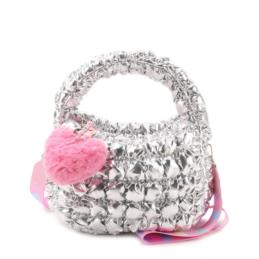 Quilted Scrunchies Metallic Mini Hobo Crossbody Bag with Heart Charm