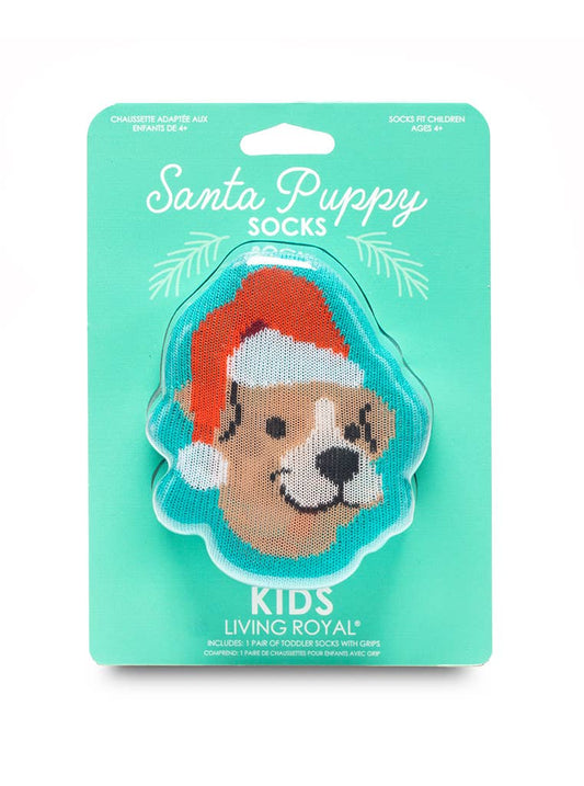 3D Packaged Crew Socks - Kids - Holiday - Santa Puppy -Teal