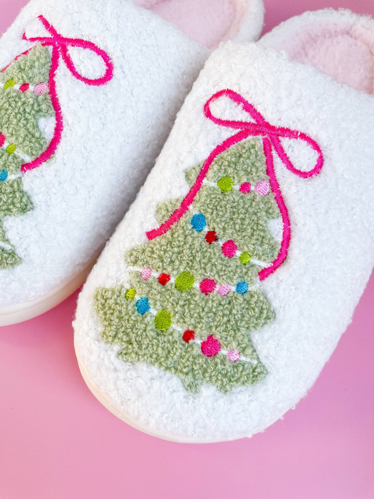 Pink Bow Christmas Tree Slippers | Adult Sizes