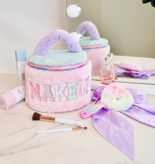 'Makeup' Colorblocked Plush Rounded Glam Bag