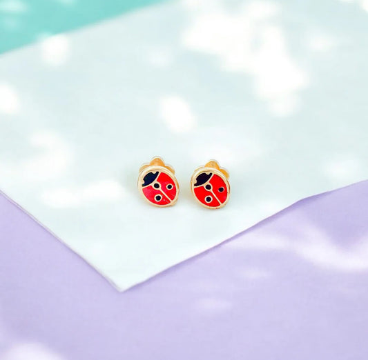 Classic Gold Kids Earrings: Ladybugs