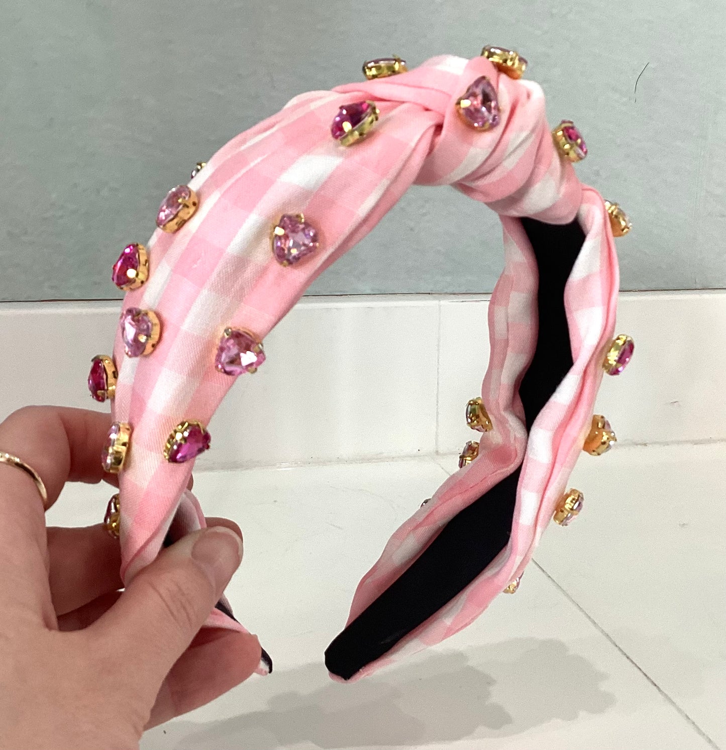 Pink Gingham Jeweled Heart Headband