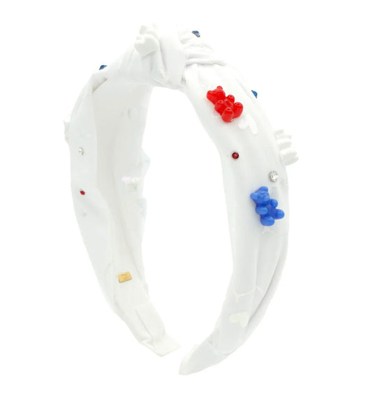 Patriotic Red, White and Blue Shimmer Smile Knot Headband w Gummy Bears