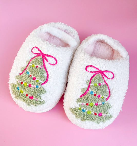 Pink Bow Christmas Tree Slippers | Toddlers