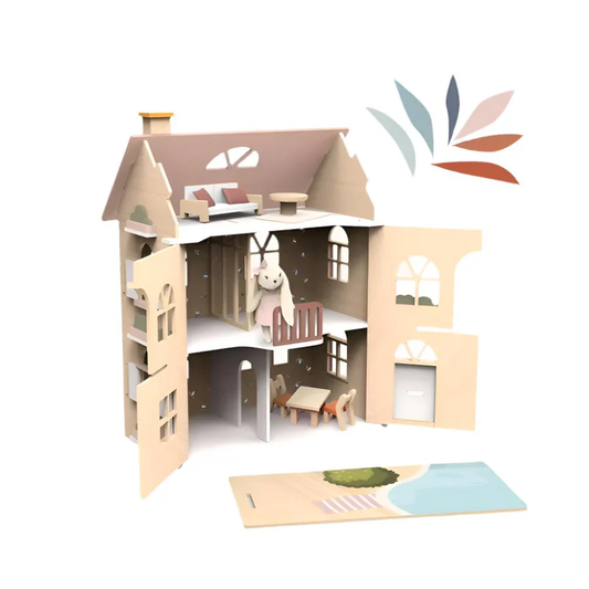 Wooden Flowers Cottage Doll House | Starter Set with Bunny + Living Furniture Set