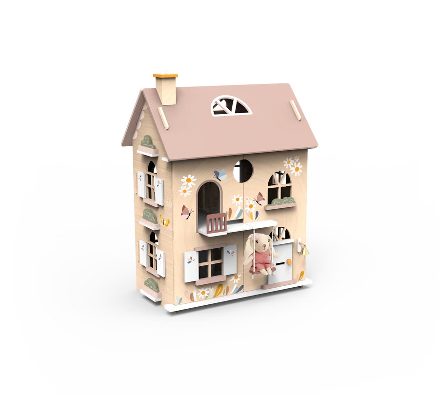 Wooden Flowers Cottage Doll House | Starter Set with Bunny + Living Furniture Set